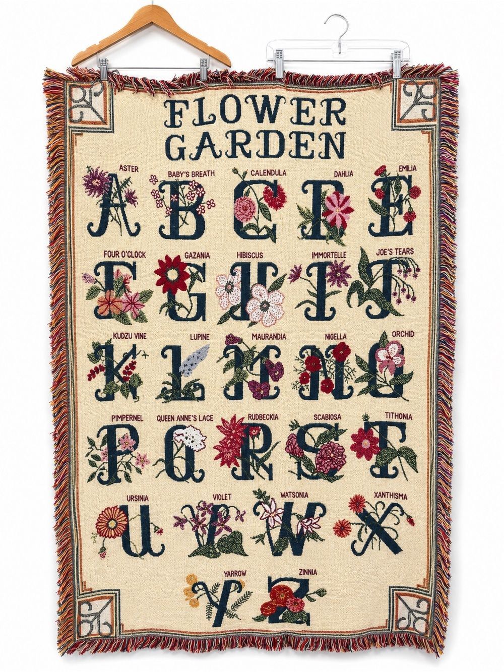Vintage Flower Garden Alphabet Woven Tapestry Throw Blanket ABC Botanical